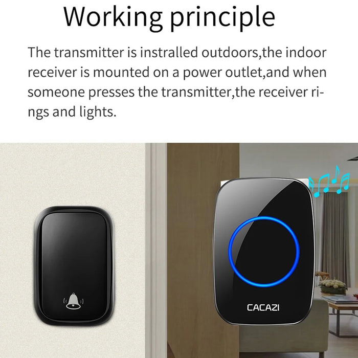 CACAZI FA58 60 Melodies Alarm Wireless Doorbell Kit Home Door Bell with 1 Receiver and 2 Transmitters - Black / EU Plug - 5