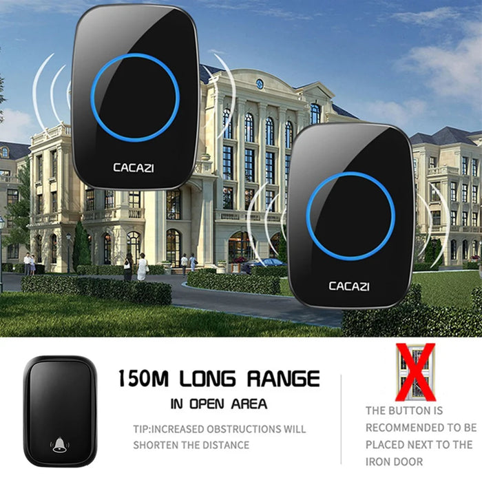 CACAZI FA58 60 Melodies Alarm Wireless Doorbell Kit Home Door Bell with 1 Receiver and 2 Transmitters - Black / EU Plug - 7