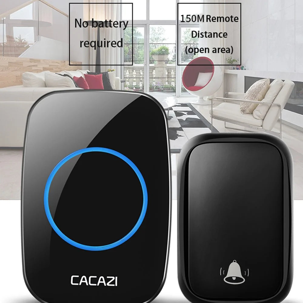 CACAZI FA58 Waterproof 5 Volume Levels Wireless Doorbell Mini Chime Door Bell Kit with 1 Transmitter+1 Receiver - Black / EU Plug - 2