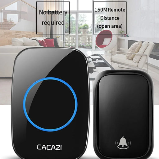 CACAZI FA58 Waterproof 5 Volume Levels Wireless Doorbell Mini Chime Door Bell Kit with 1 Transmitter+1 Receiver - Black / EU Plug - 2