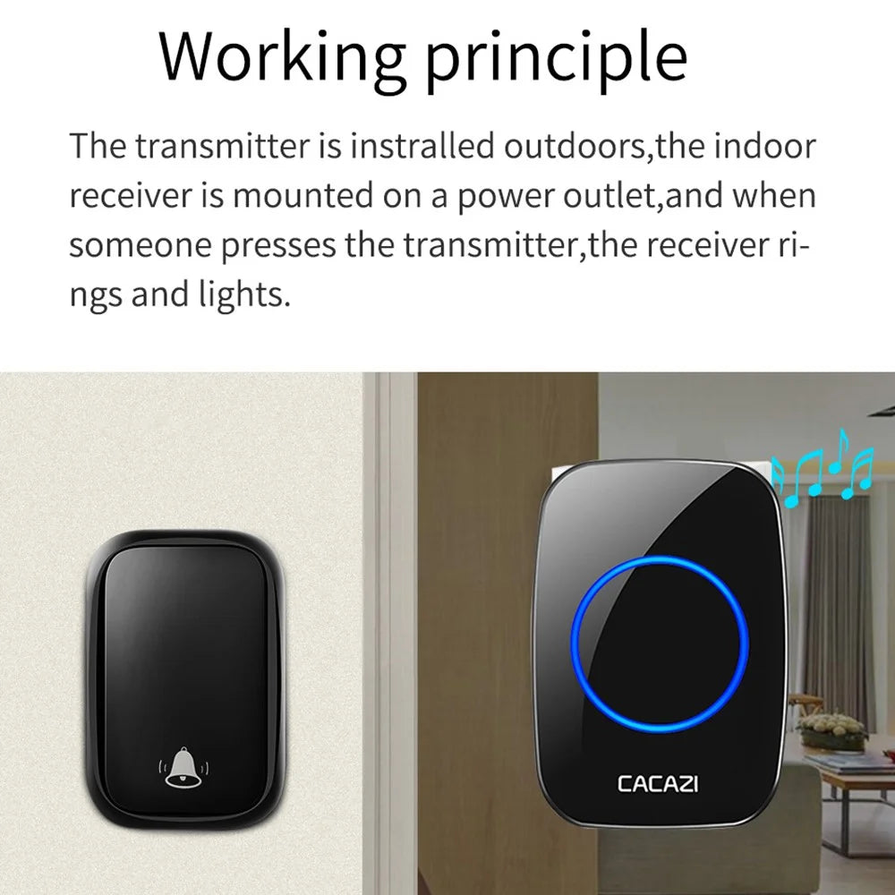 CACAZI FA58 Waterproof 5 Volume Levels Wireless Doorbell Mini Chime Door Bell Kit with 1 Transmitter+1 Receiver - Black / EU Plug - 5