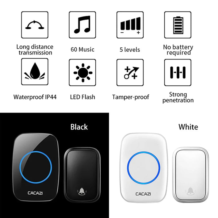 CACAZI FA58 Home Wireless Doorbell Outdoor Waterproof LED Door Bell Chime Kit with 1 Transmitter+2 Receivers - Black / EU Plug - 3