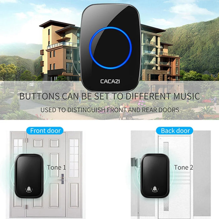 CACAZI FA58 Home Wireless Doorbell Outdoor Waterproof LED Door Bell Chime Kit with 1 Transmitter+2 Receivers - Black / EU Plug - 4