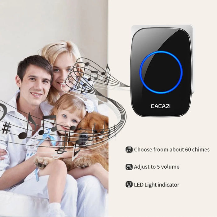 CACAZI FA58 Home Wireless Doorbell Outdoor Waterproof LED Door Bell Chime Kit with 1 Transmitter+2 Receivers - Black / EU Plug - 6