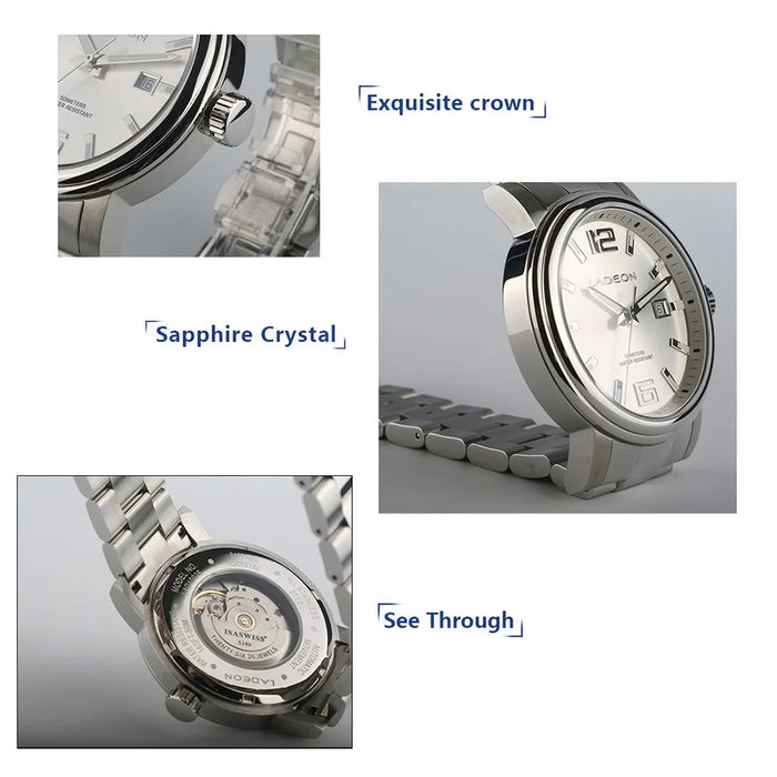 LADEON Sapphire Crystal Glass Men Watch Stylish Stainless Steel Mechanical Wrist Watch - Steel Color LAD10025 - 5