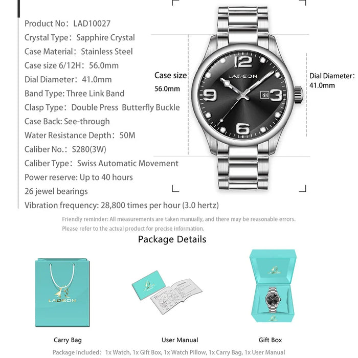 LADEON Sapphire Crystal Glass Waterproof Men Watch Stainless Steel Mechanical Round Wrist Watch - Steel Color LAD10027 - 2