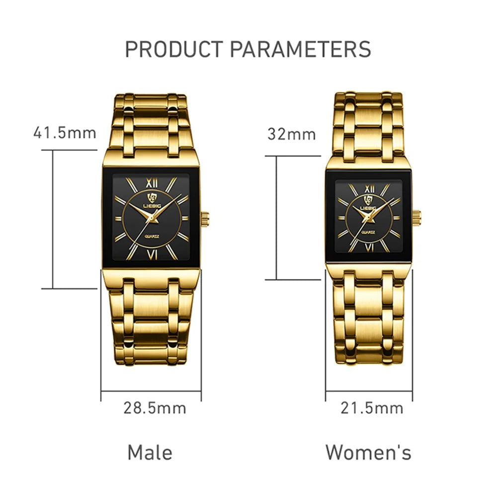LIEBIG L1029 For Couple Square Dial Analogue Quartz Wrist Watch with Stainless Steel Strap - Gold Dial+Gold Strap / Men - 4