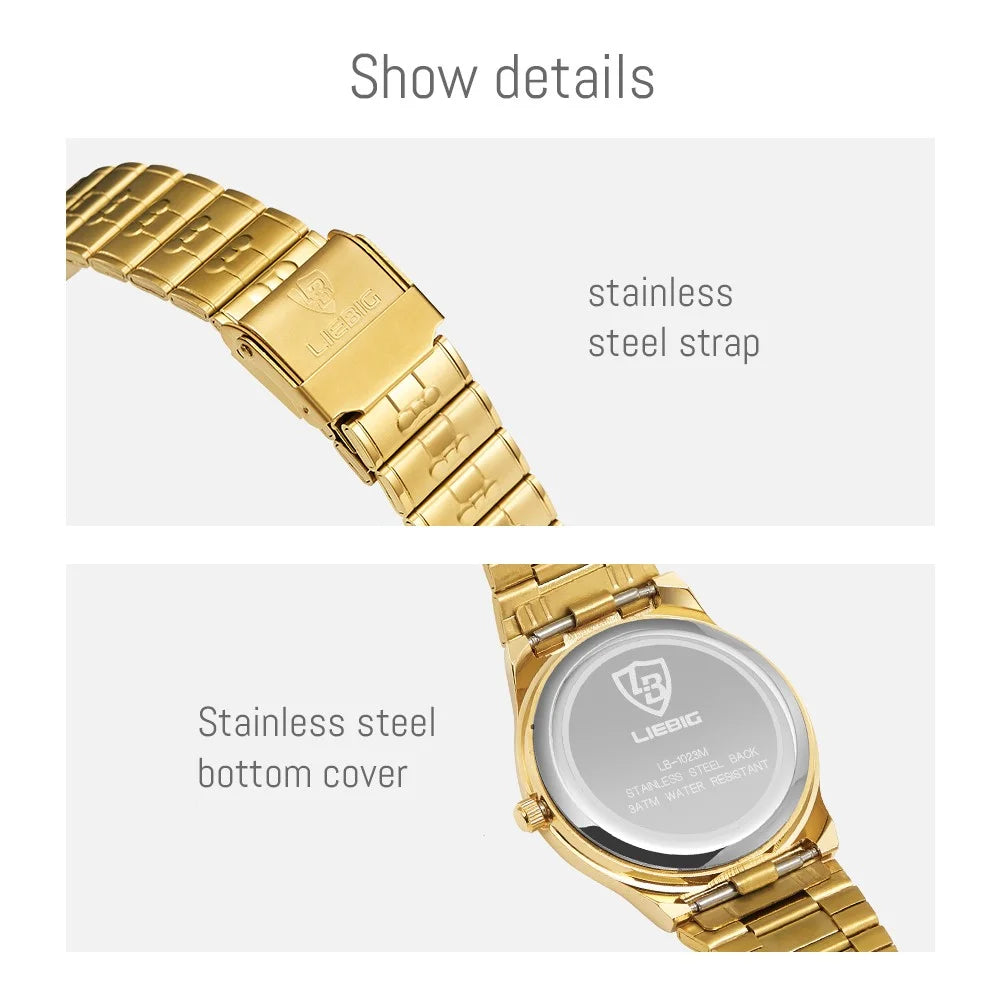 LIEBIG L1023 Round Dial Analogue Quartz Wrist Watch Couple Watch with Stainless Steel Strap - Gold Dial / Women - 2