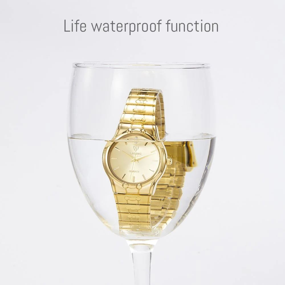 LIEBIG L1023 Round Dial Analogue Quartz Wrist Watch Couple Watch with Stainless Steel Strap - Gold Dial / Women - 3