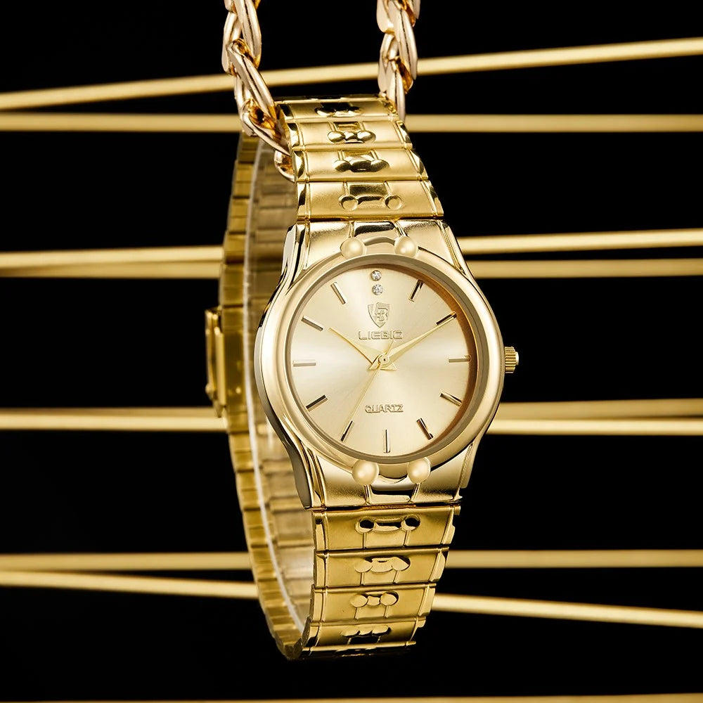 LIEBIG L1023 Round Dial Analogue Quartz Wrist Watch Couple Watch with Stainless Steel Strap - Gold Dial / Women - 5