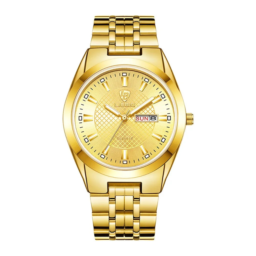 LIEBIG L1020 Couple Set Pair Wrist Watch Date Display Quartz Watch with Stainless Steel Strap - Gold / Men - 1
