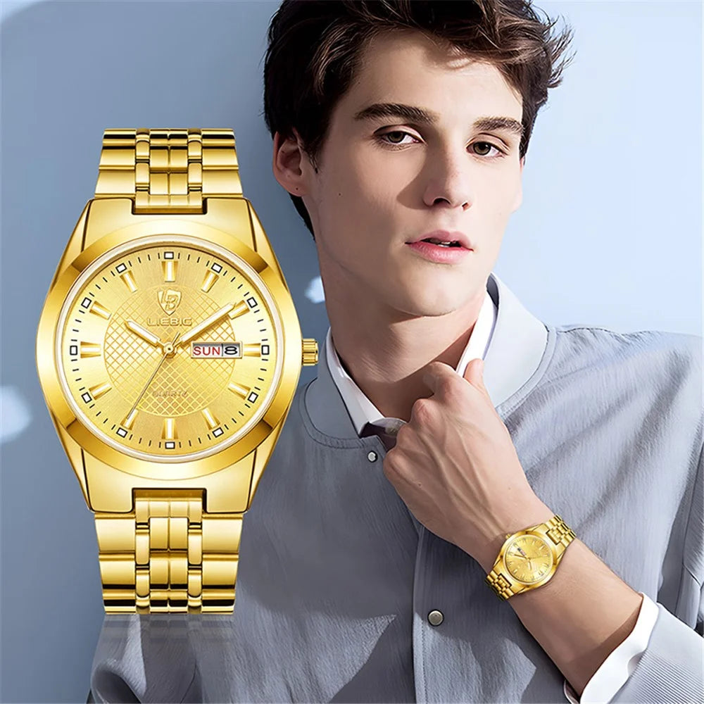 LIEBIG L1020 Couple Set Pair Wrist Watch Date Display Quartz Watch with Stainless Steel Strap - Gold / Men - 2