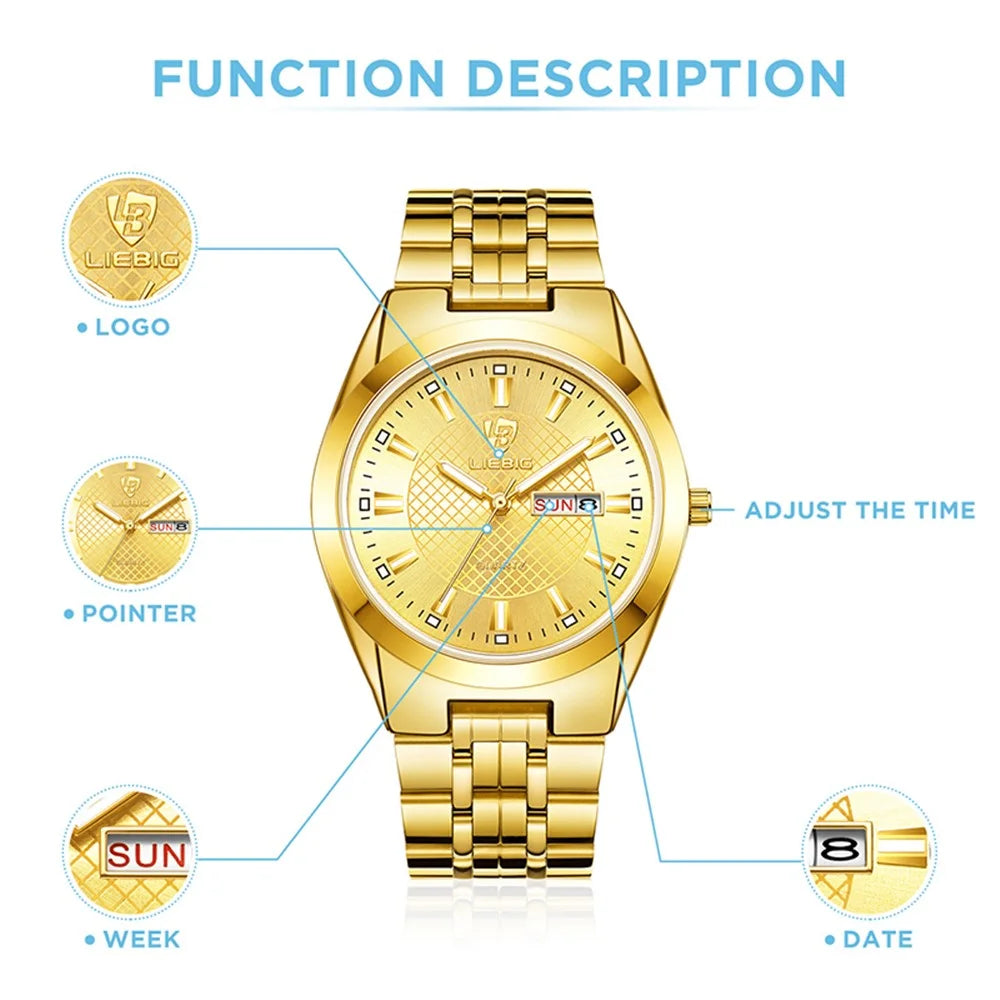 LIEBIG L1020 Couple Set Pair Wrist Watch Date Display Quartz Watch with Stainless Steel Strap - Gold / Men - 3