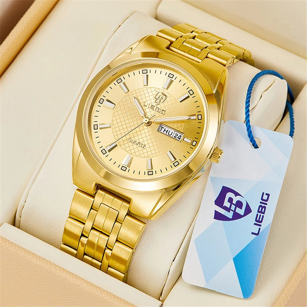 LIEBIG L1020 Couple Set Pair Wrist Watch Date Display Quartz Watch with Stainless Steel Strap - Gold / Men - 4