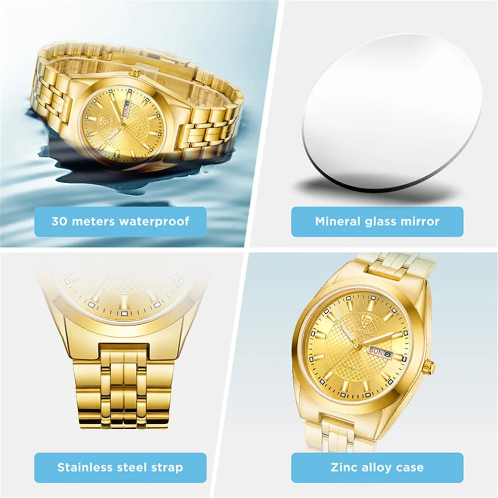 LIEBIG L1020 Couple Set Pair Wrist Watch Date Display Quartz Watch with Stainless Steel Strap - Gold / Men - 5