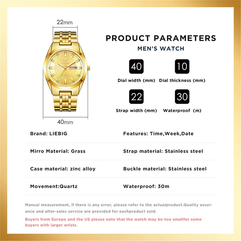 LIEBIG L1020 Couple Set Pair Wrist Watch Date Display Quartz Watch with Stainless Steel Strap - Gold / Men - 6