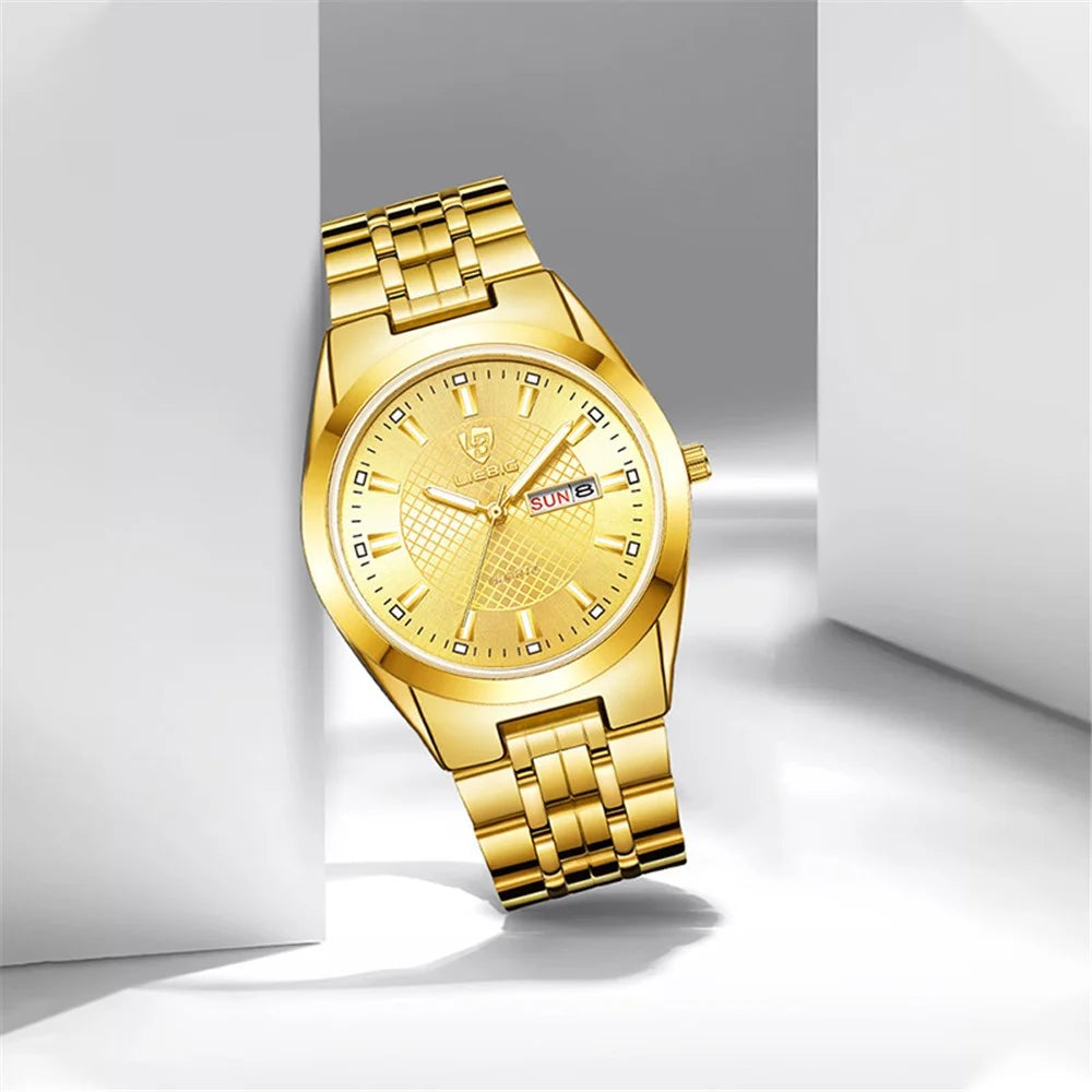 LIEBIG L1020 Couple Set Pair Wrist Watch Date Display Quartz Watch with Stainless Steel Strap - Gold / Men - 7