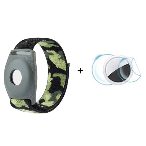 For Apple AirTag Bluetooth-compatible Tracker TPU Case + Loop Fastener Nylon Bracelet Strap, with Front Back Film Set, Adult Type - Army Green Camouflage - 1