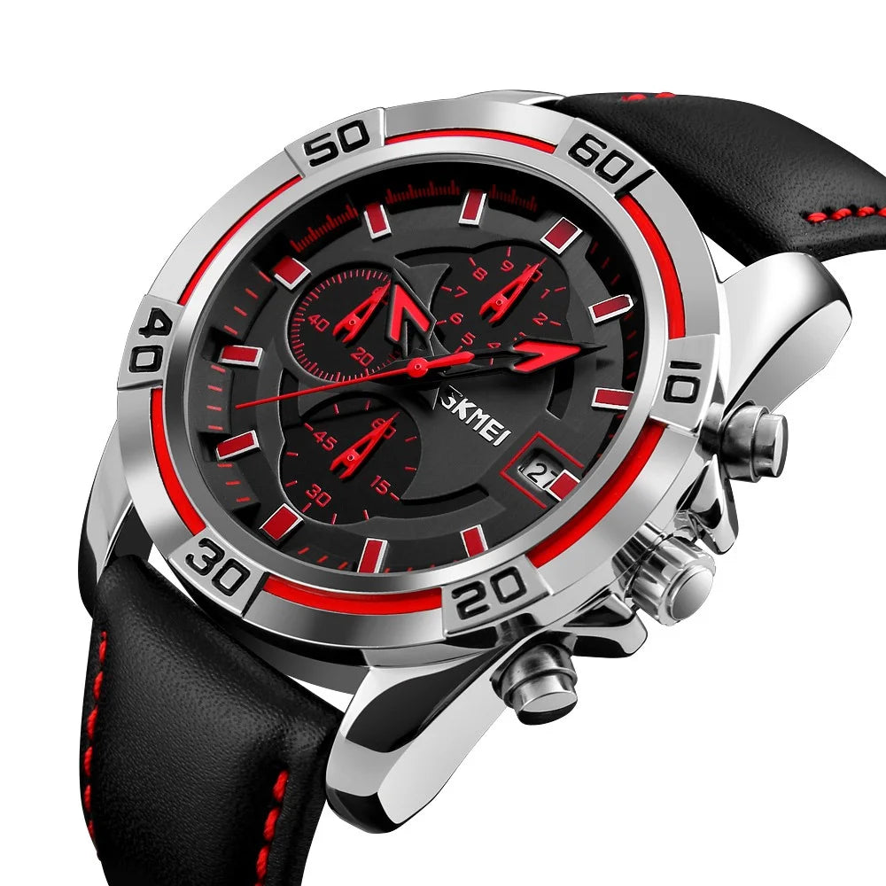 SKMEI 9156 Men Quartz Watch Fashion Sports Calendar Wrist Watch with 3 Small Pointers - Red - 2
