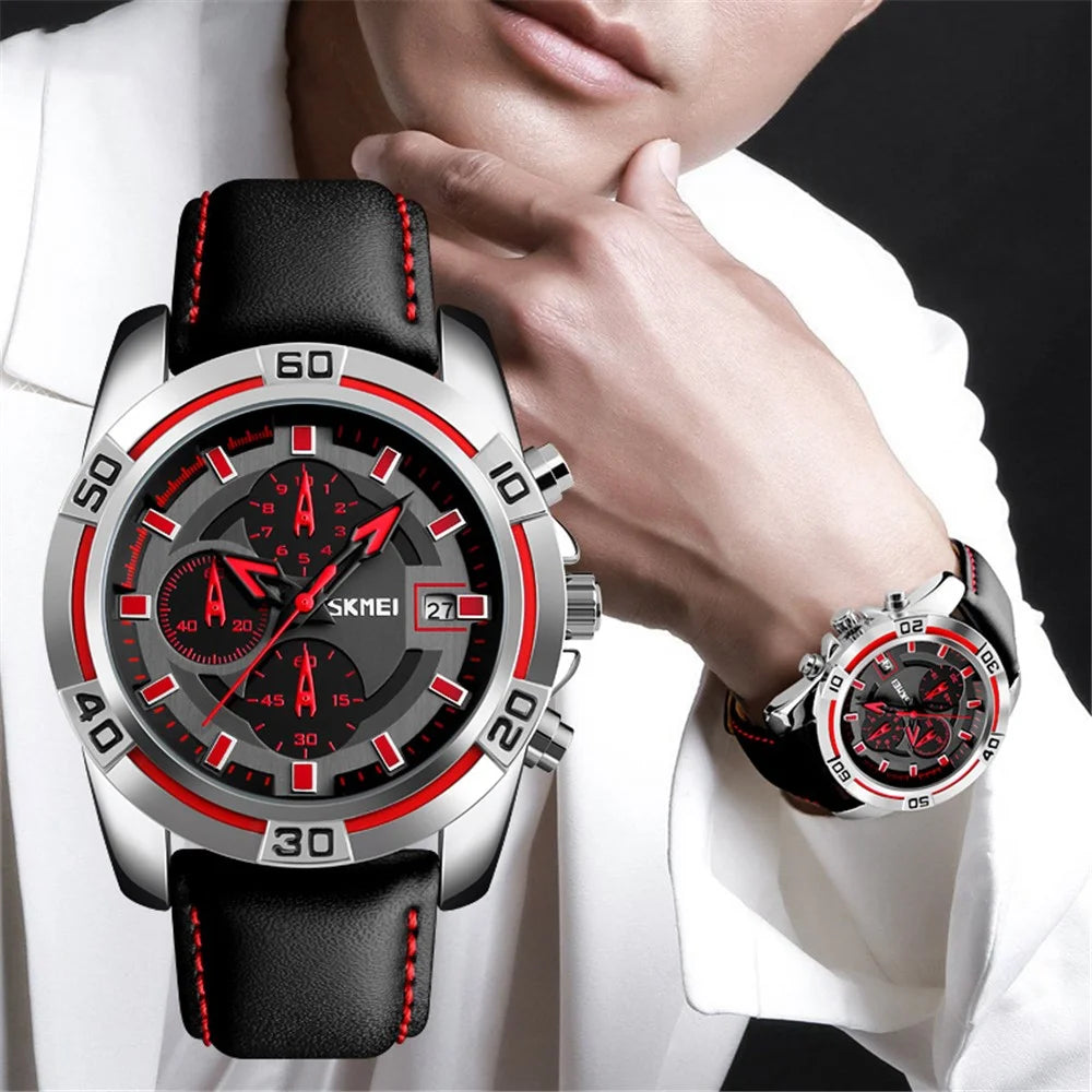 SKMEI 9156 Men Quartz Watch Fashion Sports Calendar Wrist Watch with 3 Small Pointers - Red - 3
