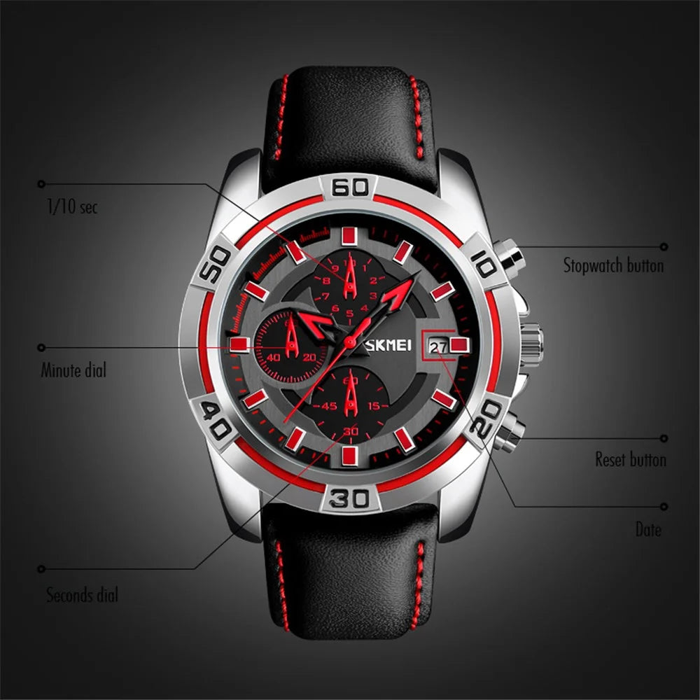 SKMEI 9156 Men Quartz Watch Fashion Sports Calendar Wrist Watch with 3 Small Pointers - Red - 4