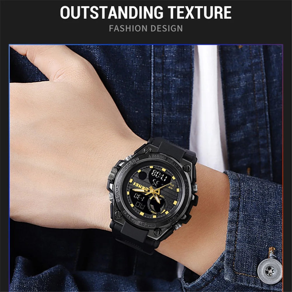 SKMEI 2031 50m Waterproof Dual-Time Men's Watch Multifunction 12H / 24H Format Sports Watch with Leather Strap - Black  /  Gold - 5