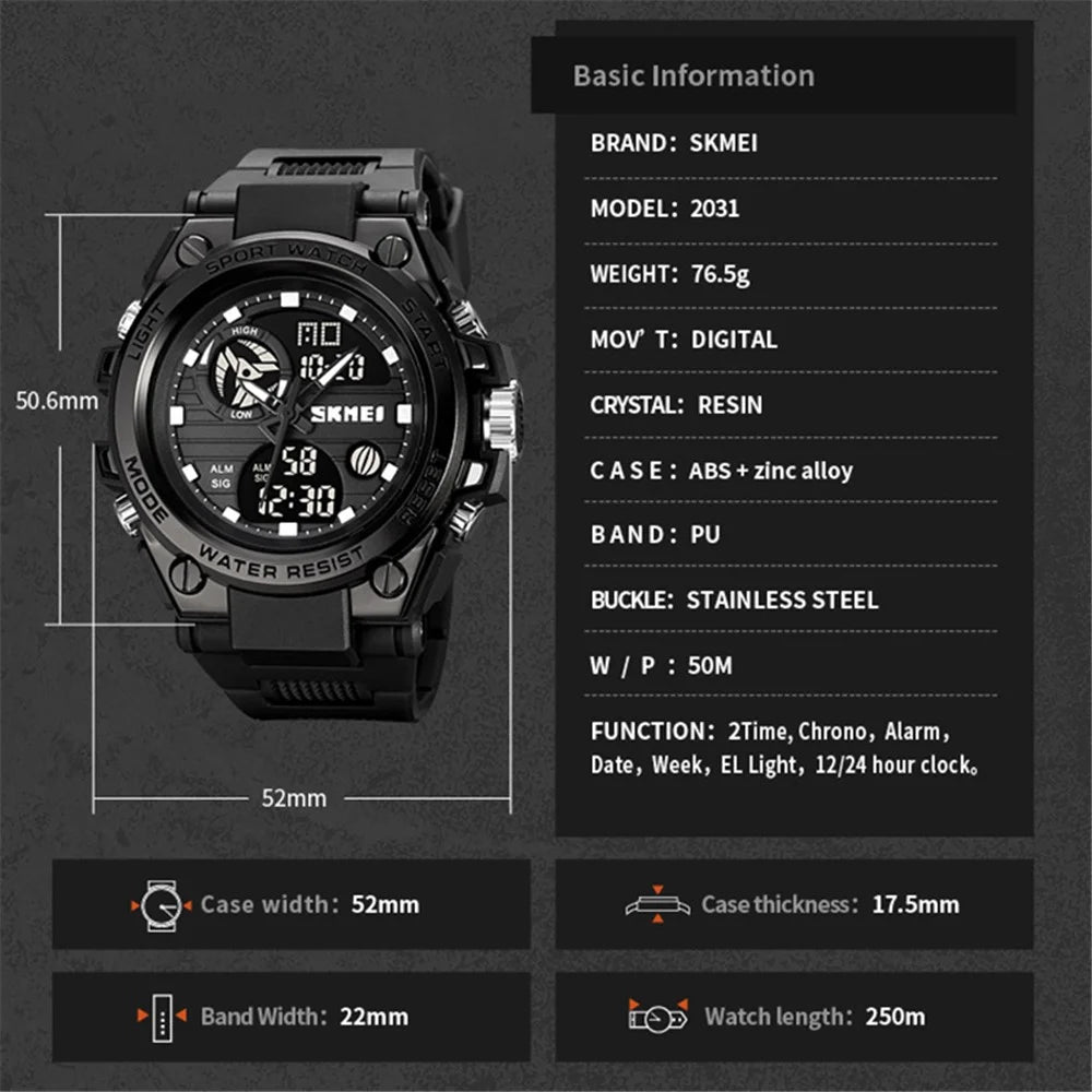 SKMEI 2031 50m Waterproof Dual-Time Men's Watch Multifunction 12H / 24H Format Sports Watch with Leather Strap - Black  /  Gold - 6