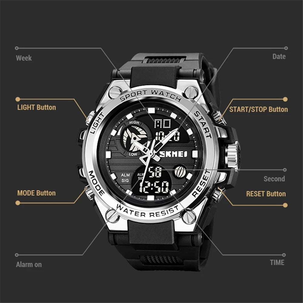 SKMEI 2031 50m Waterproof Dual-Time Men's Watch Multifunction 12H / 24H Format Sports Watch with Leather Strap - Black  /  Gold - 7