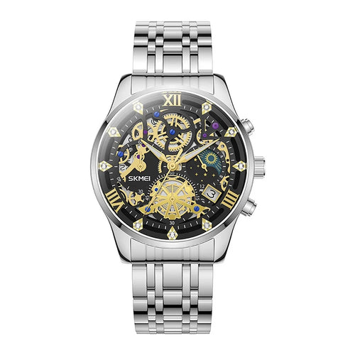 SKMEI 7039 Hollow Dial Design Business Fashion Men Quartz Watch Stopwatch Calendar Wrist Watch - Silver+Black / Steel Strap - 1