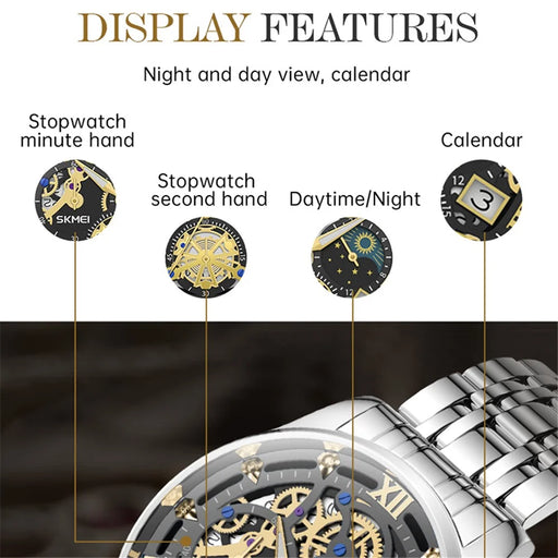 SKMEI 7039 Hollow Dial Design Business Fashion Men Quartz Watch Stopwatch Calendar Wrist Watch - Silver+Black / Steel Strap - 2