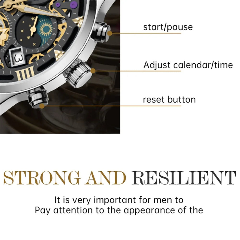 SKMEI 7039 Hollow Dial Design Business Fashion Men Quartz Watch Stopwatch Calendar Wrist Watch - Silver+Black / Steel Strap - 3