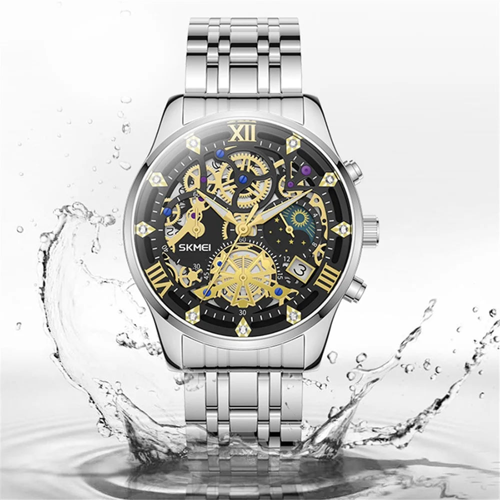 SKMEI 7039 Hollow Dial Design Business Fashion Men Quartz Watch Stopwatch Calendar Wrist Watch - Silver+Black / Steel Strap - 4