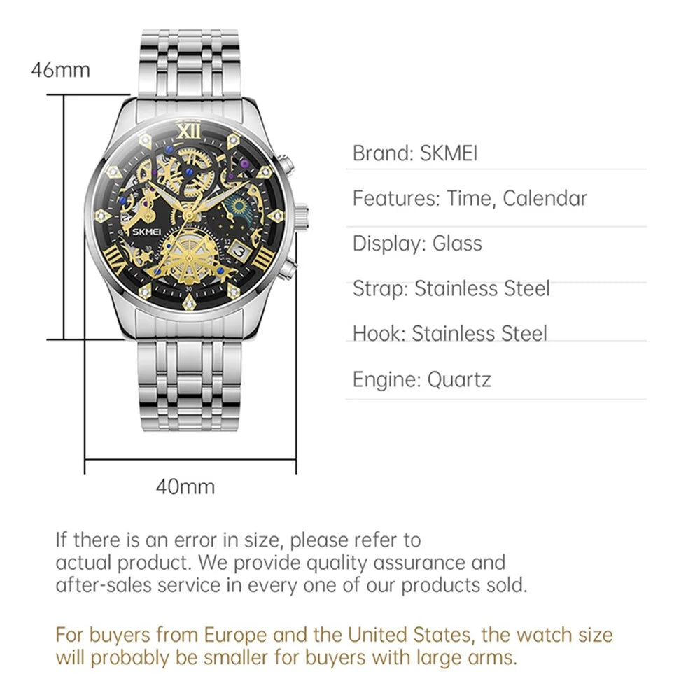 SKMEI 7039 Hollow Dial Design Business Fashion Men Quartz Watch Stopwatch Calendar Wrist Watch - Silver+Black / Steel Strap - 5