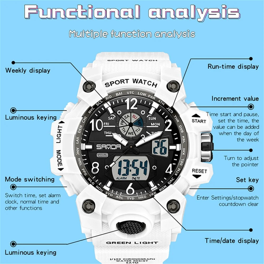 SANDA 3306 Luminous Display Leisure Electronic Watch 50m Waterproof Sports Watch with Alarm Clock, Weekly Calendar - Black / White - 5