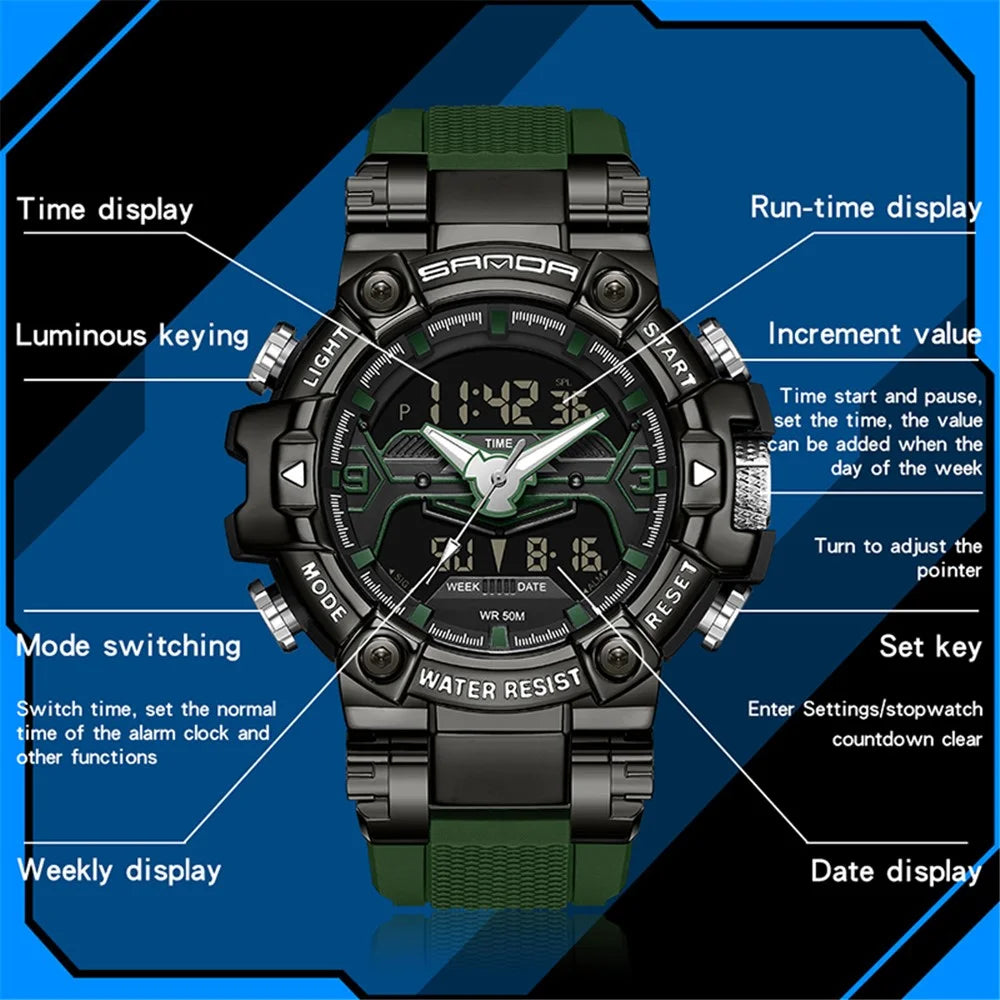 SANDA 3186 Fashionable Cool Luminous Display Watch Multifunction 50m Waterproof Electronic Watch - Black / White - 6