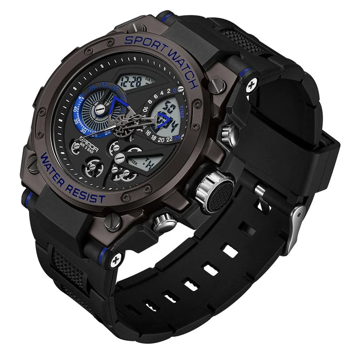 SANDA 9020 Luminous Watch Multifunction Analog Digital Dual Time Display Wrist Watch - Black Blue - 1