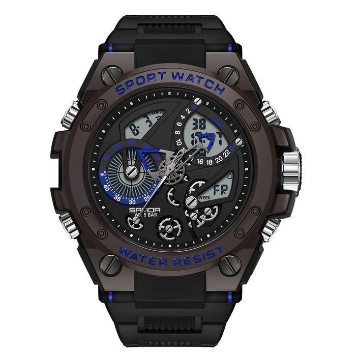 SANDA 9020 Luminous Watch Multifunction Analog Digital Dual Time Display Wrist Watch - Black Blue - 2