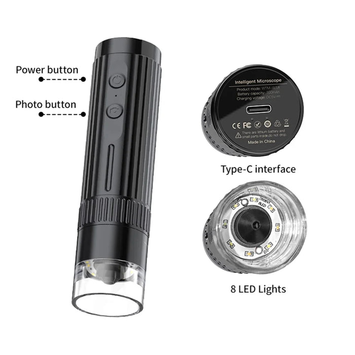 WTM-W1-A Digital Microscope 50X-1000X 2MP 1080P WiFi USB Microscope Camera Magnifier with 8 LED Lights - Black - 5