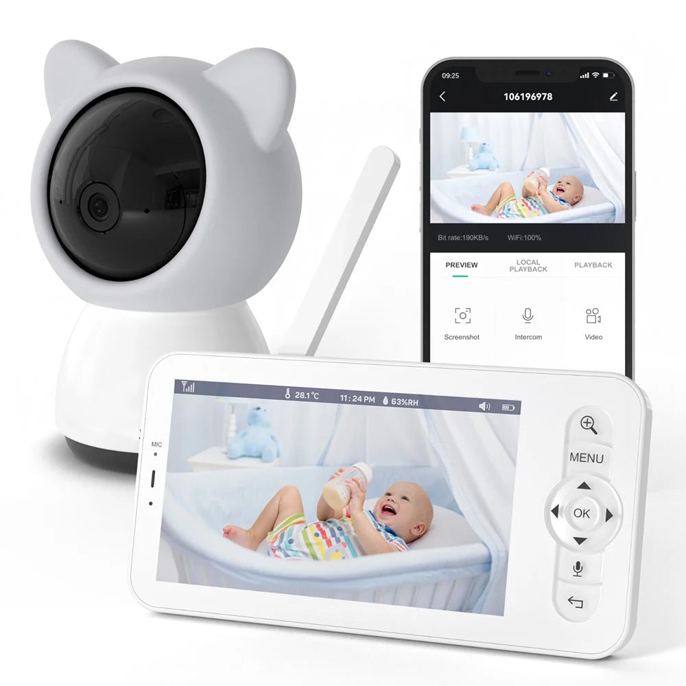 BABY5 5 inch Display Baby Monitor Two-Way Voice Camera APP Remote Monitoring Watcher - Grey / US Plug - 1