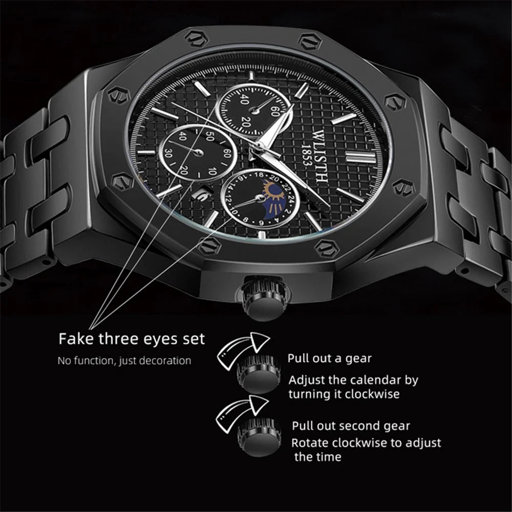 WLISTH 6149 Alloy Strap Business Quartz Watch Luminous Wrist Watch with Calendar - Black / Men - 3