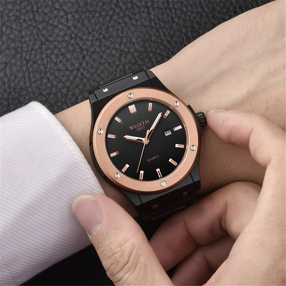 WLISTH S939 Sports Quartz Watch Luminous Daily Life Waterproof Wrist Bracelet Watch with Calendar Display - Rose Gold Steel Strap - 2