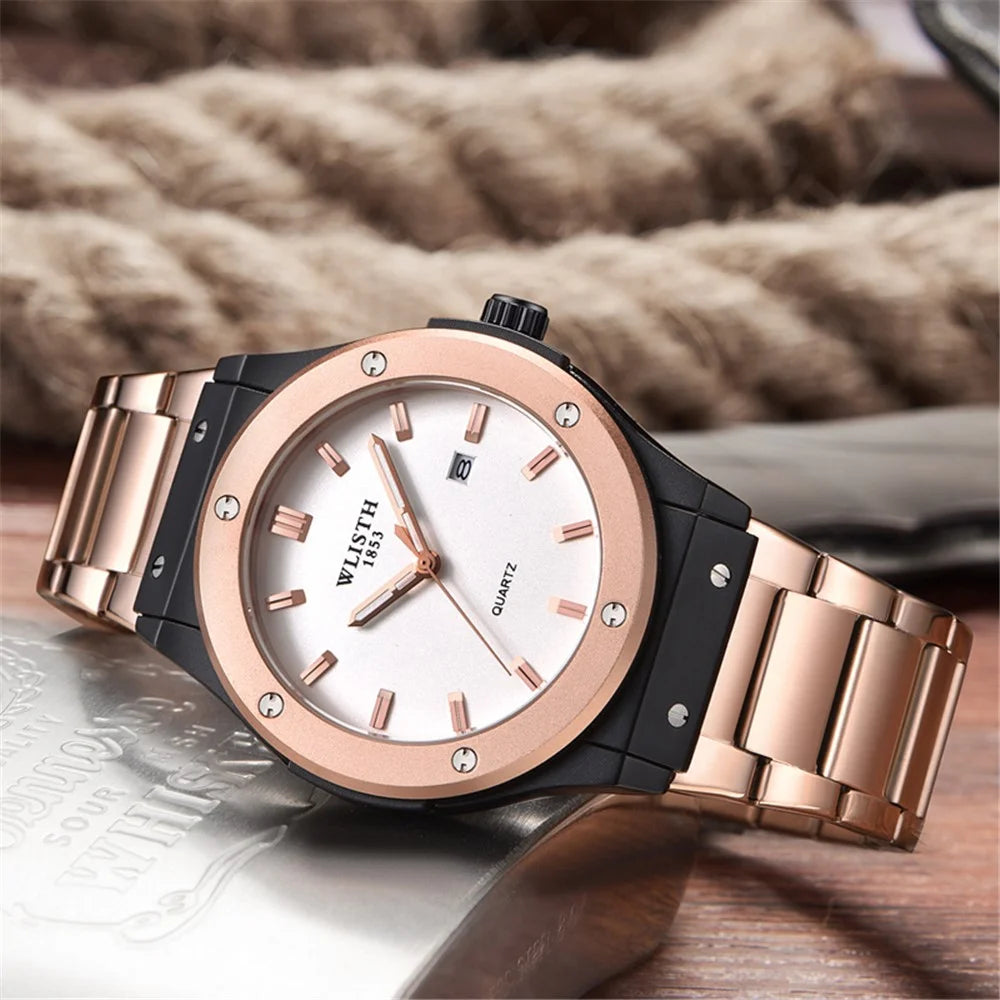 WLISTH S939 Sports Quartz Watch Luminous Daily Life Waterproof Wrist Bracelet Watch with Calendar Display - Rose Gold Steel Strap - 3
