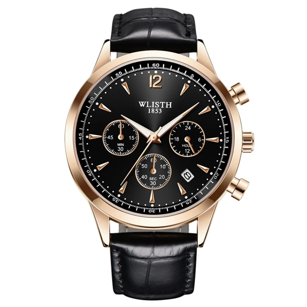 WLISTH S953 Multi-function Business Style Quartz Watch with Calendar Luminous Pointer Quartz Watch - Rose Gold / Black / Black Leather Strap - 1