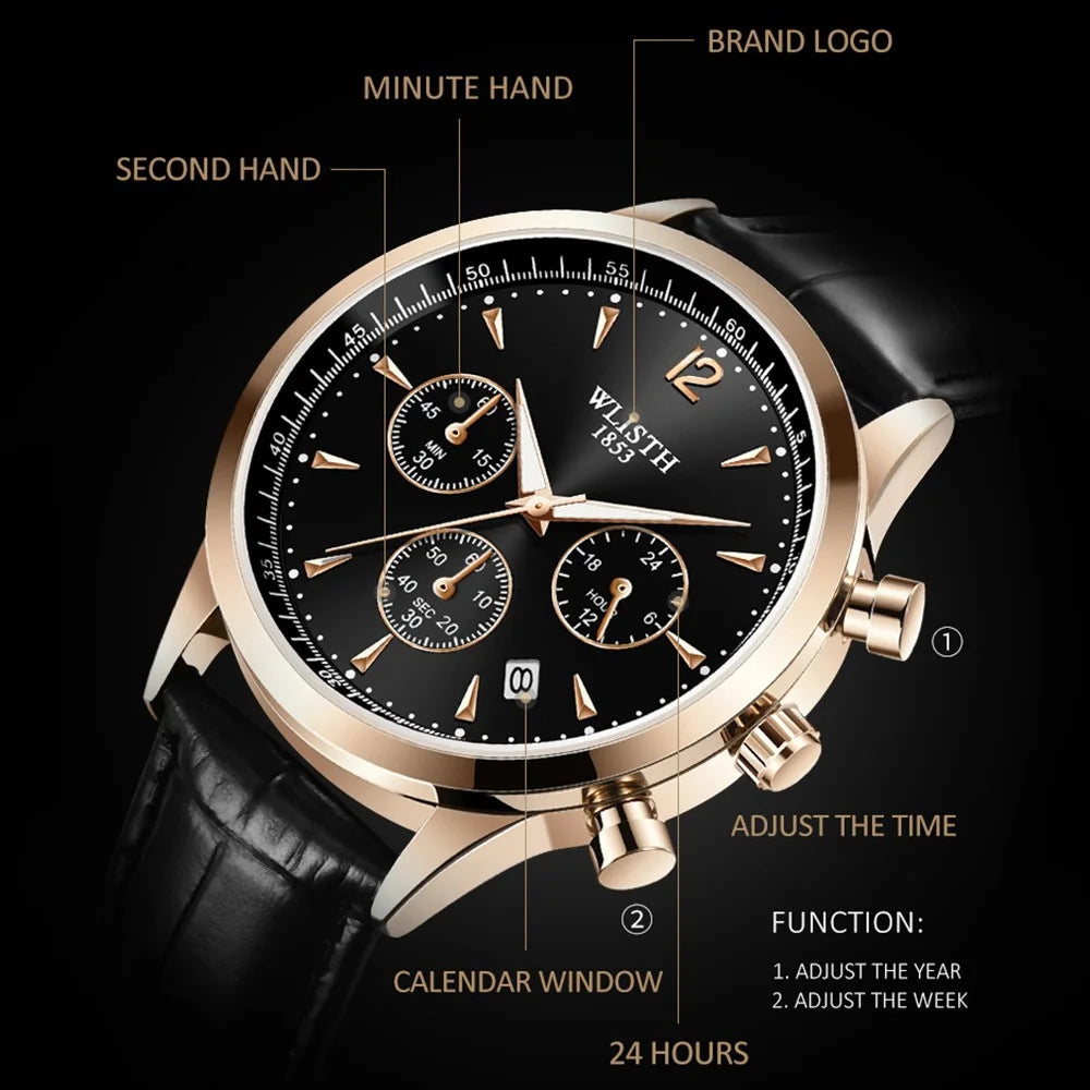 WLISTH S953 Multi-function Business Style Quartz Watch with Calendar Luminous Pointer Quartz Watch - Rose Gold / Black / Black Leather Strap - 5