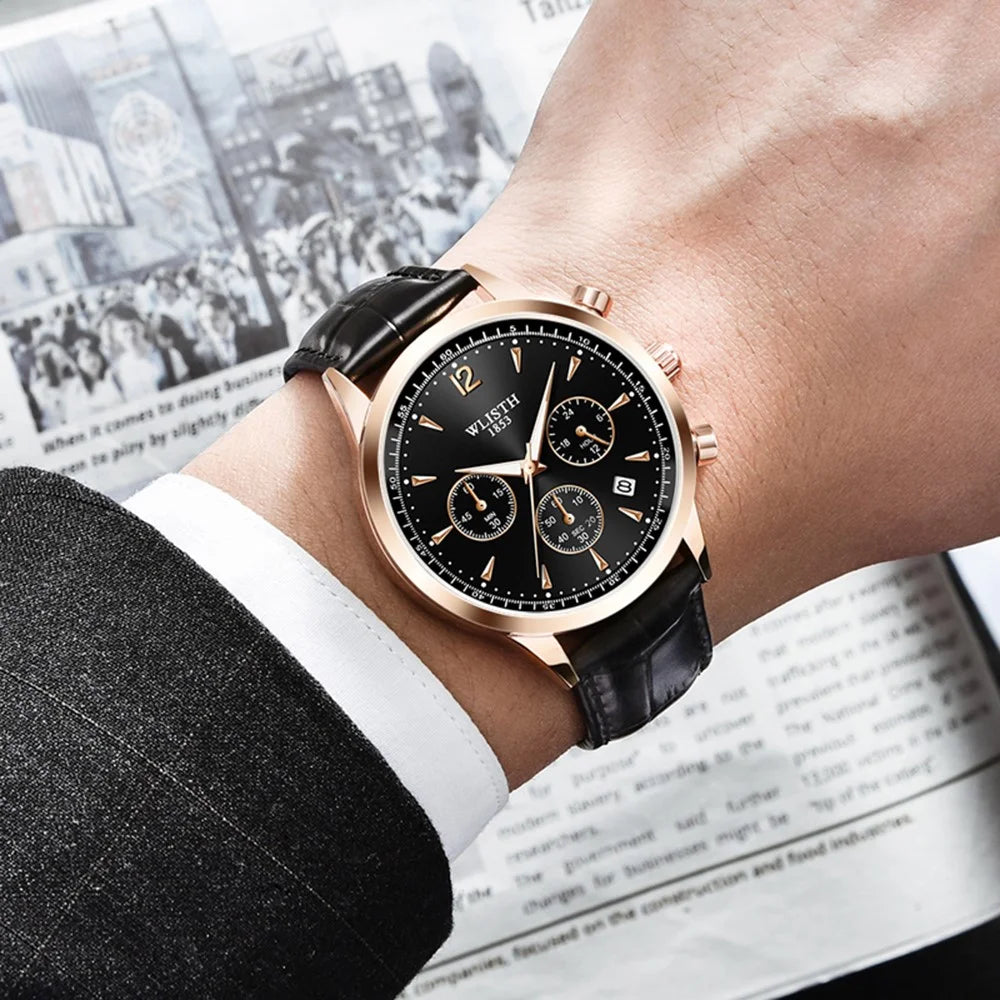 WLISTH S953 Multi-function Business Style Quartz Watch with Calendar Luminous Pointer Quartz Watch - Rose Gold / Black / Black Leather Strap - 7