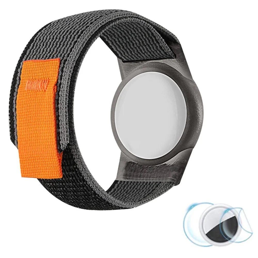 Nylon Braided Wrist Strap with TPU Case and Screen Protection for Apple AirTag Tracker Wristband - Loop Fastener / Black+Grey - 1