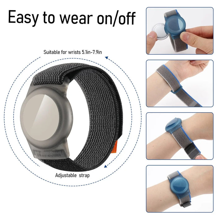 Nylon Braided Wrist Strap with TPU Case and Screen Protection for Apple AirTag Tracker Wristband - Loop Fastener / Black+Grey - 3