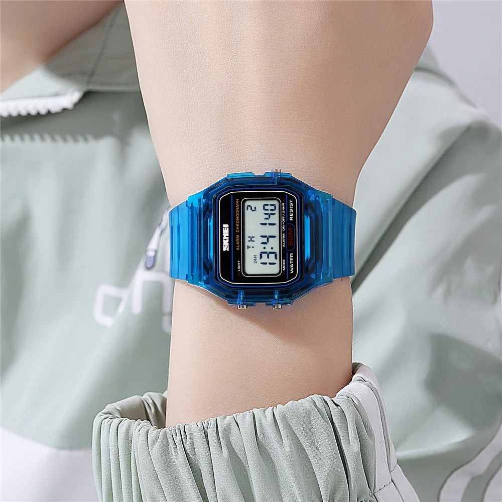 SKMEI 2056 Fashion Square Wrist Watch TPU Strap EL Backlight Electronic Watch - Transparent Blue / Blue Strap - 4