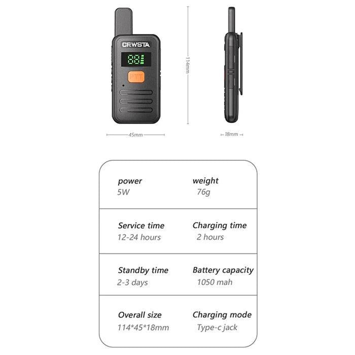 CRWSTA T70 5W Portable Mini Walkie Talkie Long Range Handheld Two Way Radio - Black / EU Plug - 7