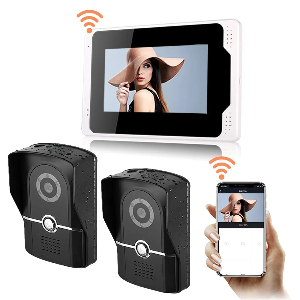 701FG21 Rainproof 7" HD 1080P Tuya WiFi Video Doorbell 2 Camera+1 Monitor - 1